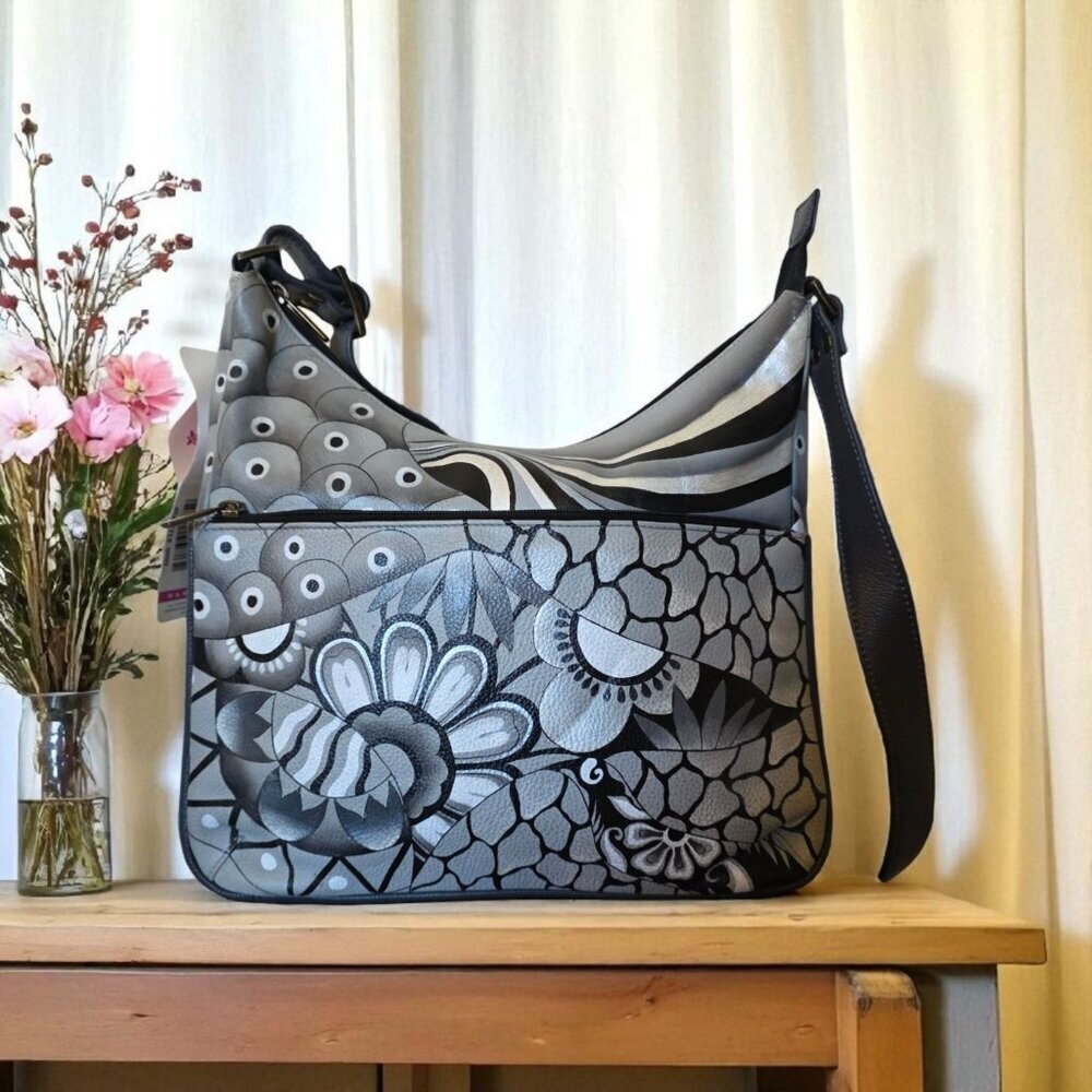 Anuschka Hand Painted Leather Hobo Bag Pewter Floral Patchwork Art NWT - Picture 2 of 16